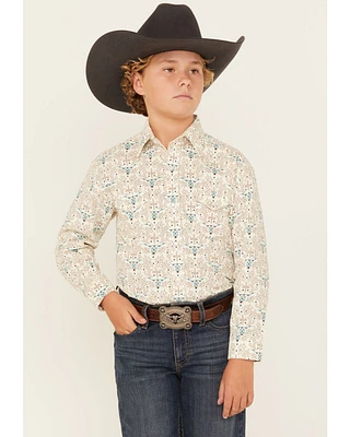 Rough Stock by Panhandle Boys' Steer Head Printed Long Sleeve Pearl Snap Western Shirt