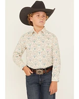 Rough Stock by Panhandle Boys' Steer Head Printed Long Sleeve Pearl Snap Western Shirt