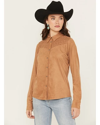 Shyanne Women's Faux Suede Lace Yoke Long Sleeve Button-Down Western Shirt