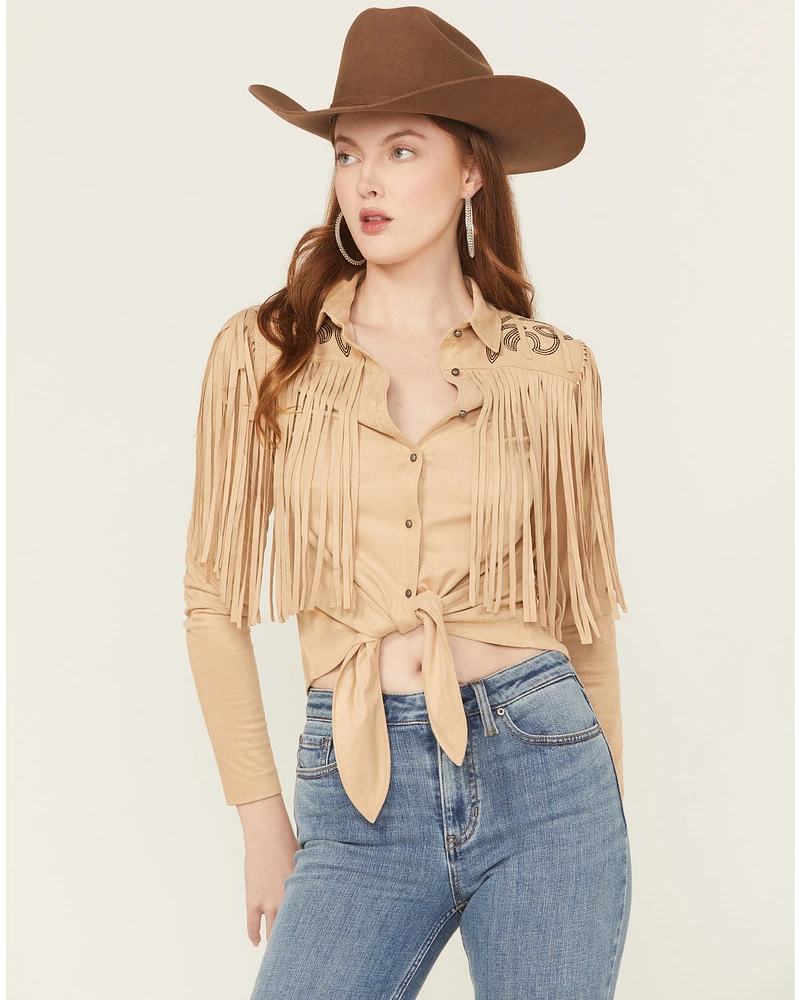 Idyllwind Women's McKinney Faux Suede Long Sleeve Fringe Top