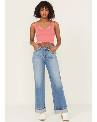 Vervet Women's Medium Wash High Rise Cuffed Wide Leg Denim Jeans