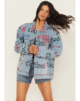 The Laundry Room Women's Medium Wash Coors Light Logo Print Denim Jacket