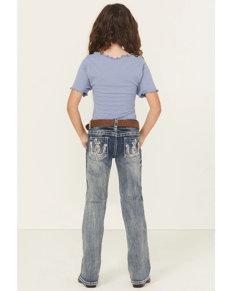 Grace LA Little Girls' Light Wash Double Horseshoe Pocket Bootcut Stretch Denim Jeans