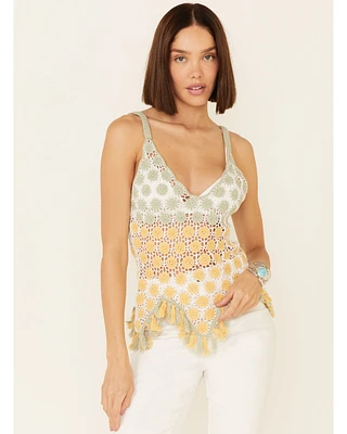 Sadie & Sage Women's Multi Calico Crochet Tassel Hem Cami