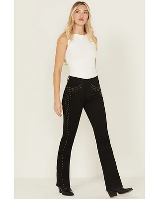 Wonderwest Women's Rigid Like Black Studded High Rise Bootcut Stretch Denim Jeans