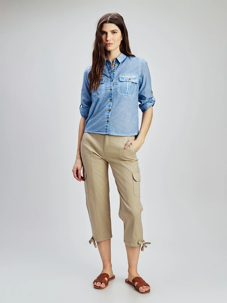 3/4-sleeve semi-fitted tunic with buttons