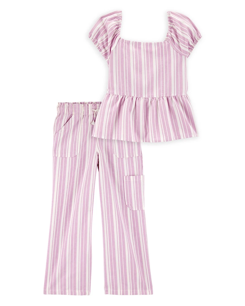 Kid 2-Piece Striped Peplum Top & Drawstring Pants Set - Pink/White