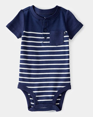 Baby Ribbed Striped Button Down  Short-Sleeve Bodysuit - Navy