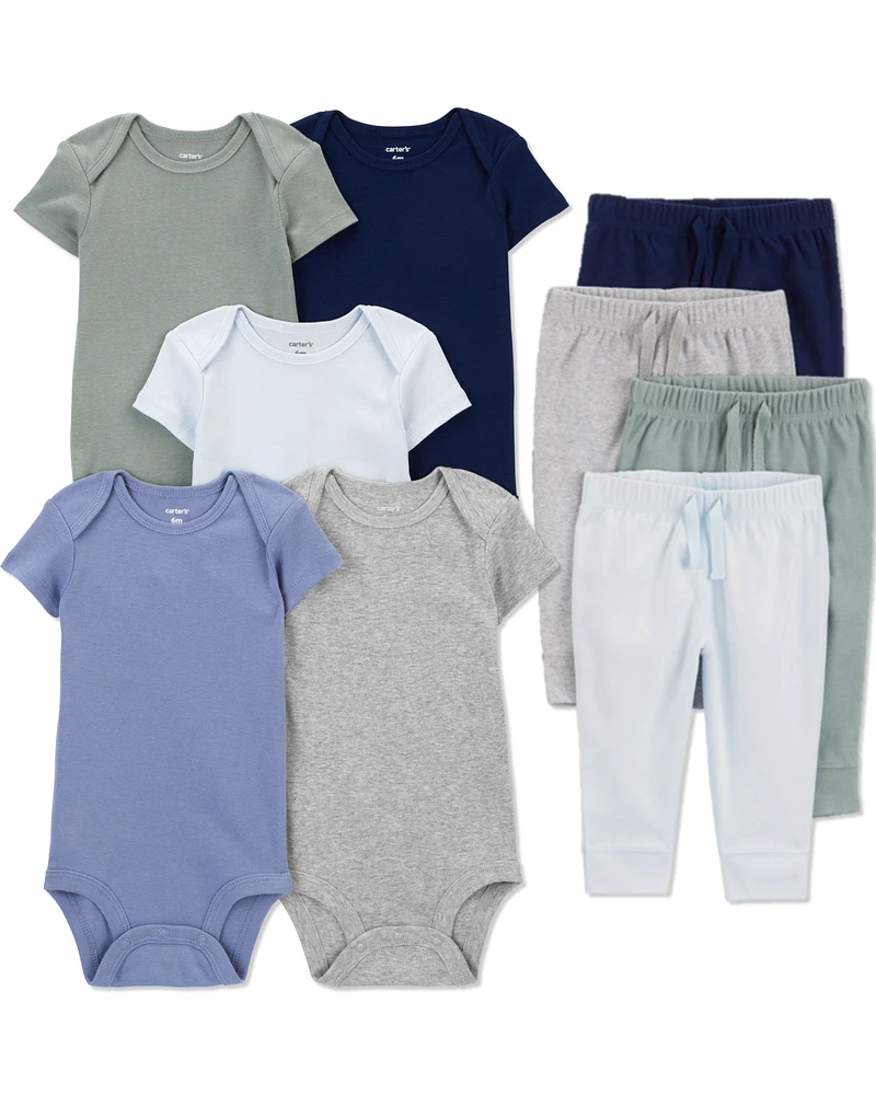 Baby 9-Piece Short-Sleeve Bodysuits & Pull-On Pants Set