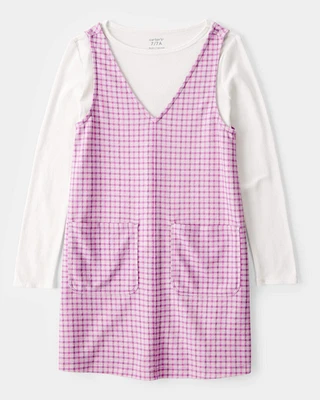 Kid 2-Piece Long-Sleeve Tee & Plaid Dress Set - White/Pink