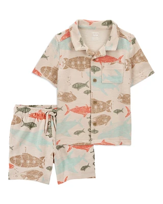 Baby 2-Piece Sea Print Button-Down Shirt & Pull-On Shorts Set