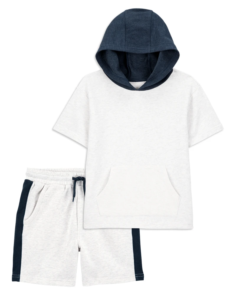 Kid 2-Piece Hooded French Terry Tee & Shorts Set - Grey