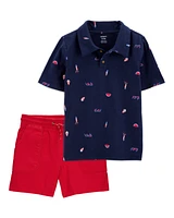 Kid 2-Piece 4th Of July Polo & Pull-On Shorts Set - Navy/Red