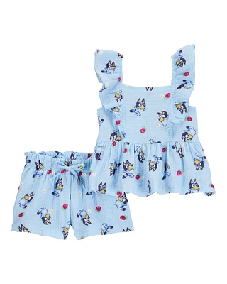 Baby 2-Piece Flutter-Sleeve Gauze Bluey Top & Short Set - Blue