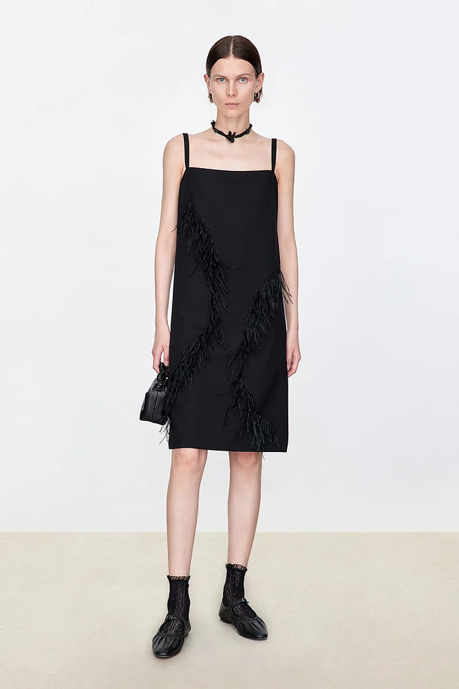 Sleek Beaded Ostrich Feather Slip Dress