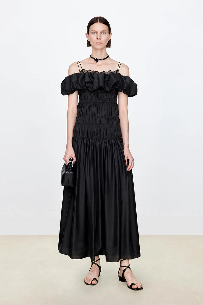Luxury Silk Puff-Sleeve Smocked Dress