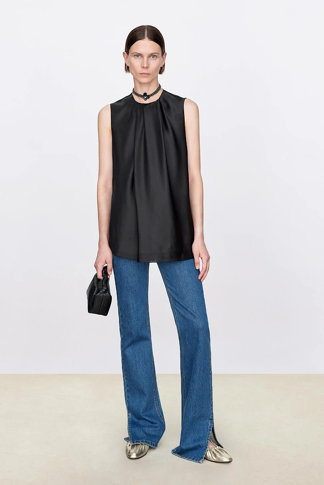 Asymmetric Silk Organza Satin Draped Sleeveless Top