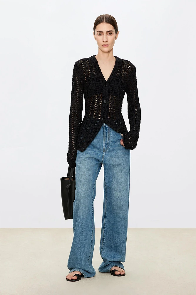 Cotton Openwork Chunky Knit Long Sleeve Cardigan