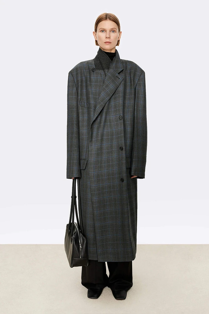 British Welsh Pattern Pure Wool Asymmetrical Lapel Tailored Coat