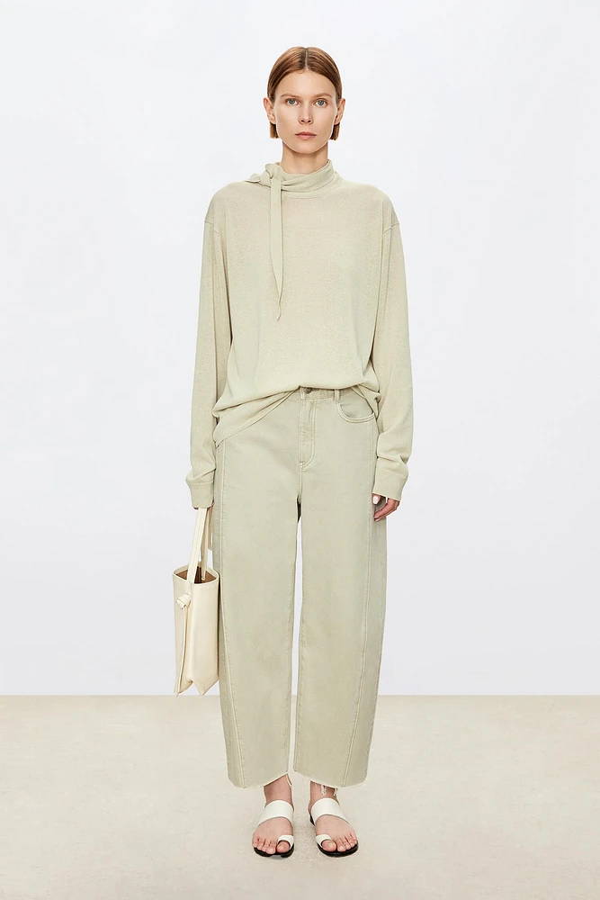 Cotton and Linen Ribbon Tie Collar Top