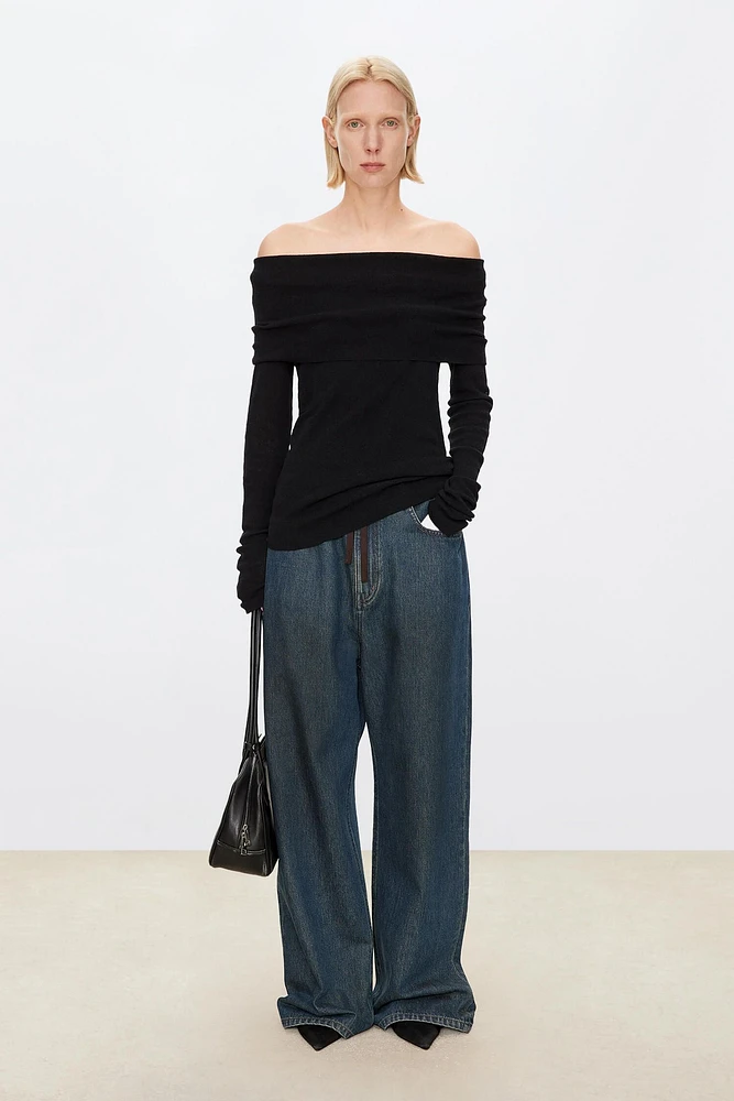 Cotton-Linen Boat Neck Long-Sleeve Top