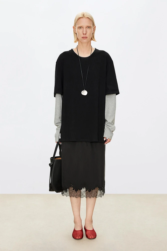 Embossed Lace Panel Midi Skirt