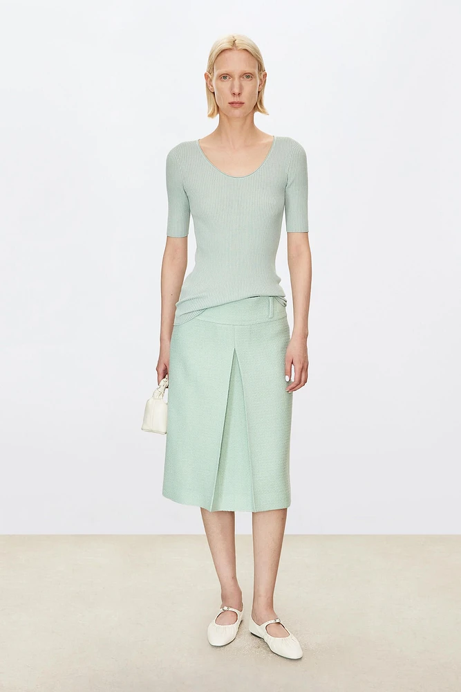 European Pure Wool Tweed Single Pleated Midi Skirt