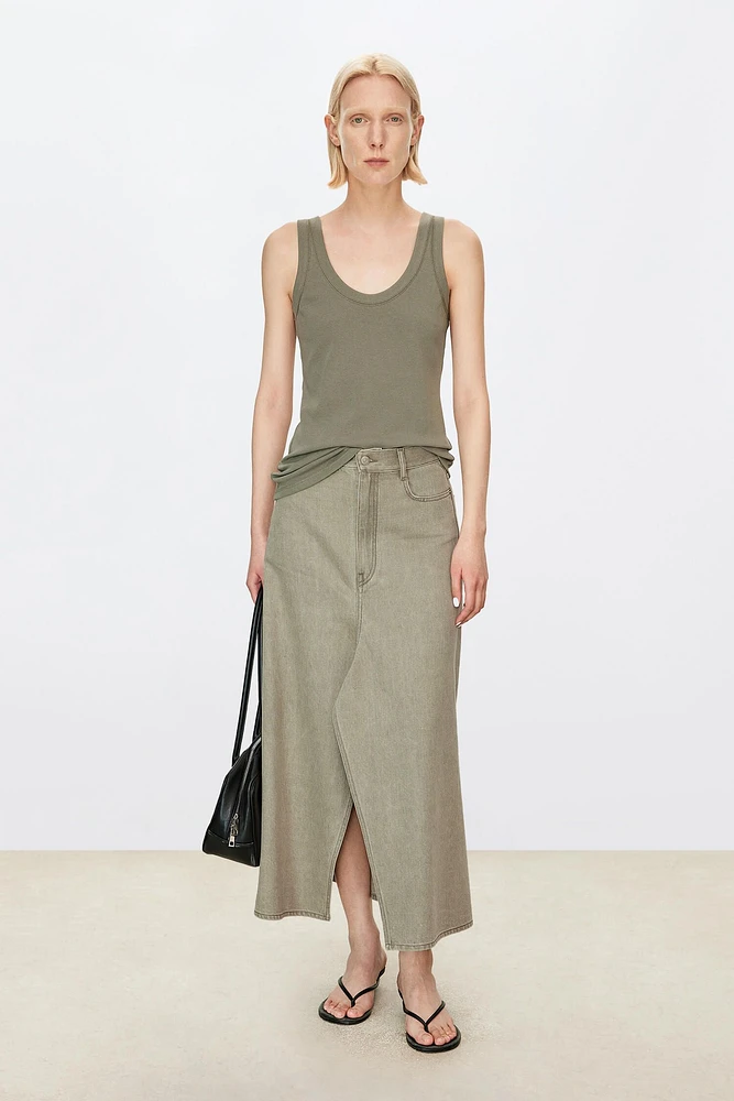 Front Slit Washed Denim Skirt