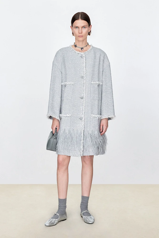Hand-Beaded Sequin Tweed Coat with Ostrich Feather