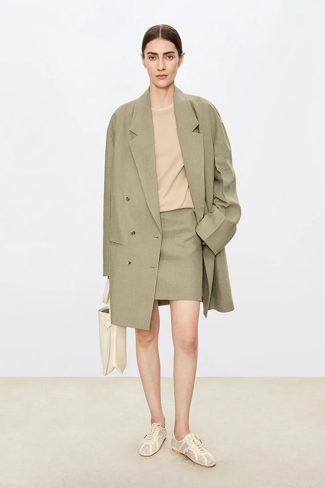 High-Density Pure Linen Oversized Mid-Length Blazer