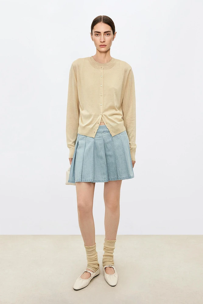 Italian Pure Cotton Denim Pleated Skirt