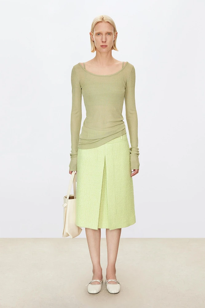 Italian Wool Blend Tweed Single Pleated Midi Skirt