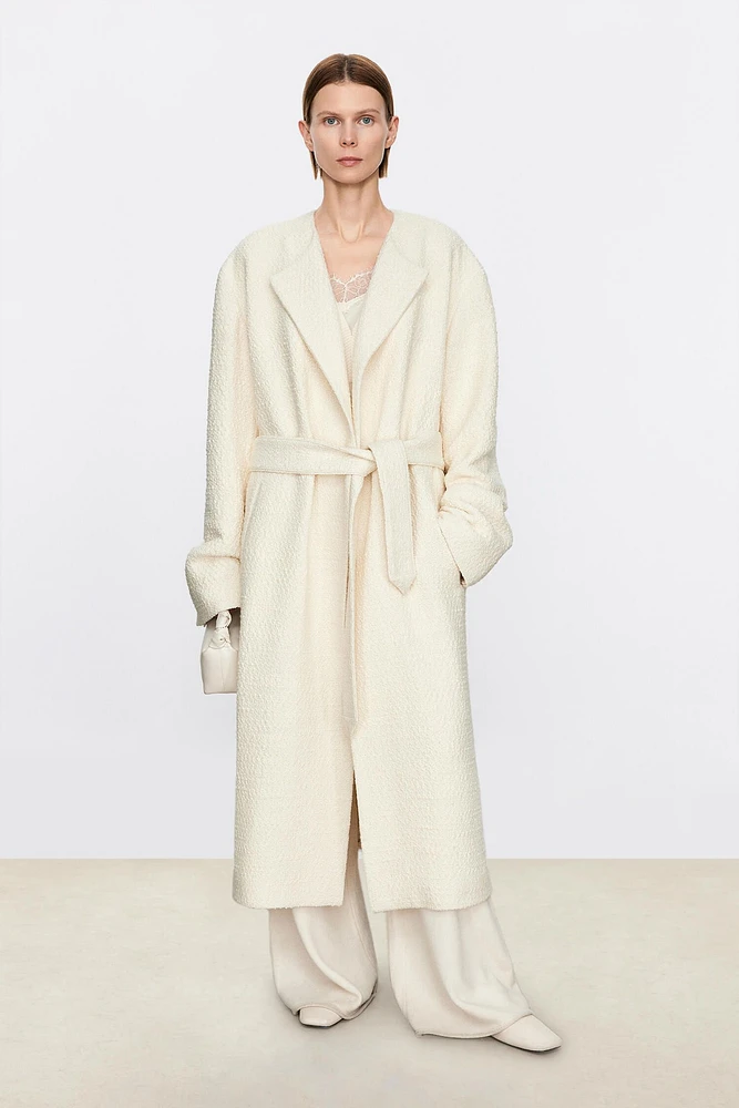 Italian Wool Bouclé Pearl-Texture Long Coat