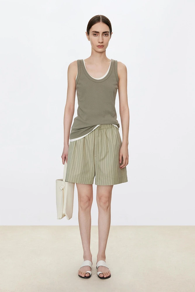Long Staple Cotton Poplin Striped Elastic Waist Shorts