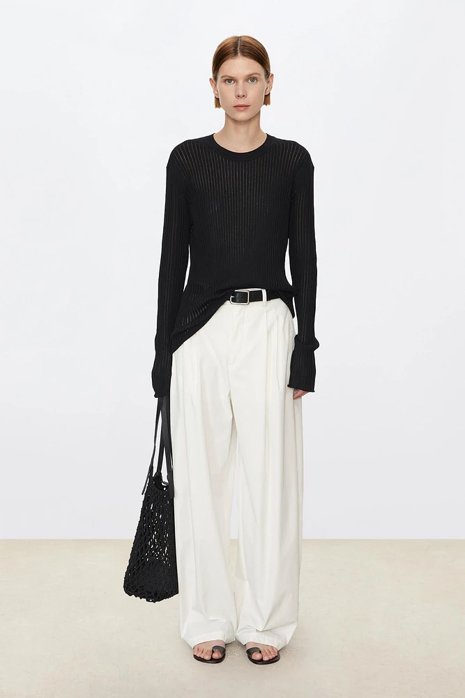 Long Staple Cotton Vertical Stripe Round Neck Base Top
