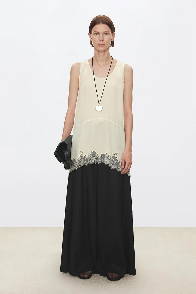 Paneled Washed Silk + Double Georgette & Embroidered Lace Skirt