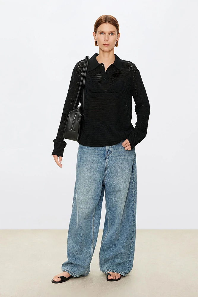 Pure Cotton Hollow Long Sleeve Polo Shirt