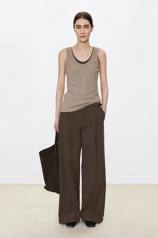 Pure Cotton Single Pleat Wide-Leg Trousers