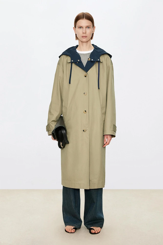 Reversible Contrast Color Hooded Trench Coat Beige