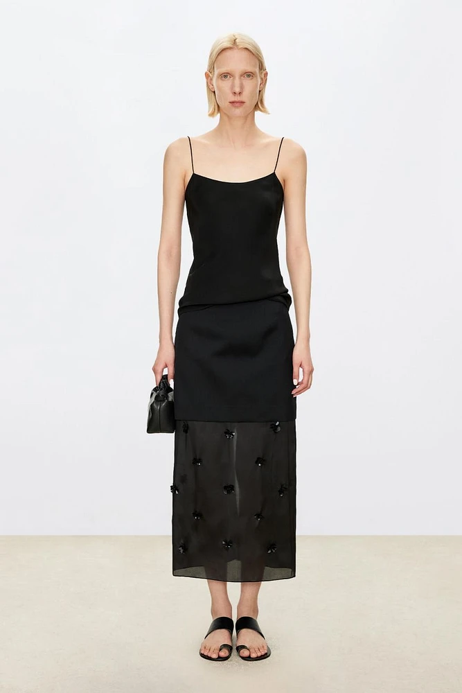 Silk Organza Satin Wool Crinkle Beaded Midi Skirt