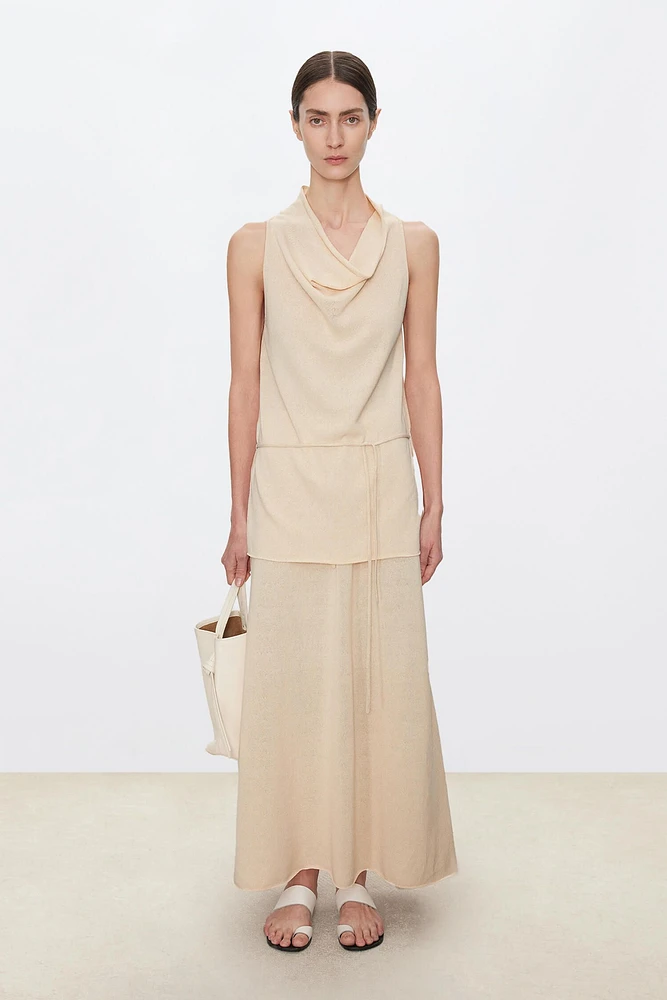 Silk-Cotton Draped Neck Tie Halter Vest