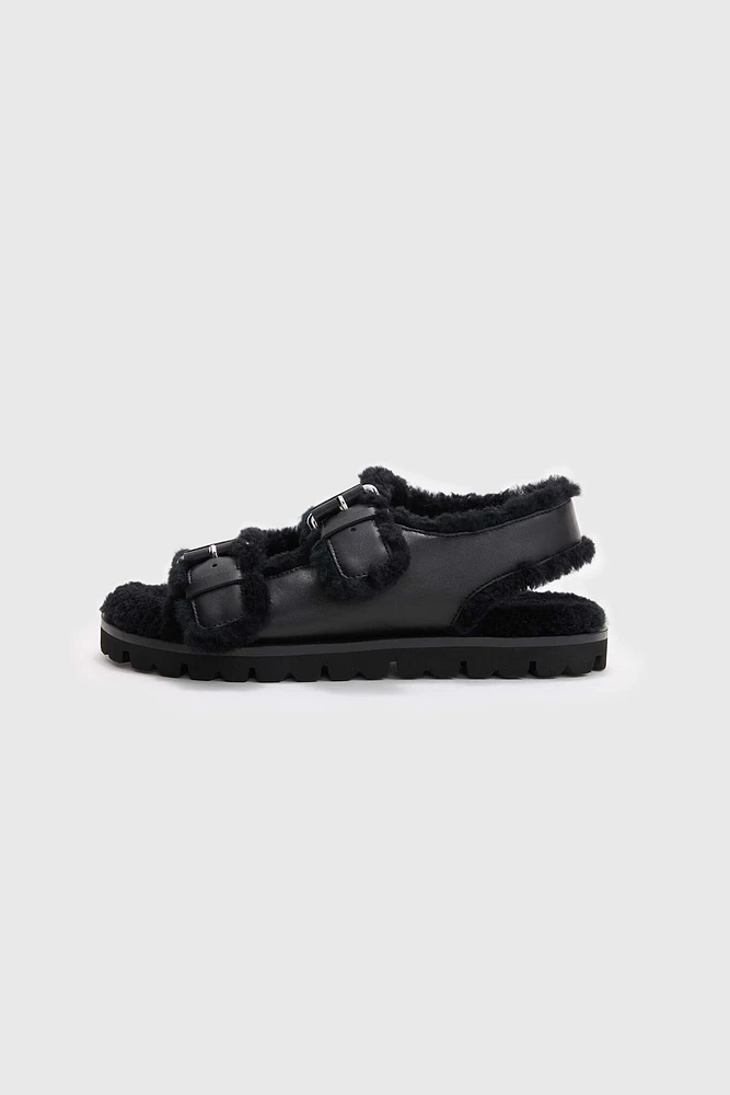 Spanish Shearling Buckle Platform Sandals