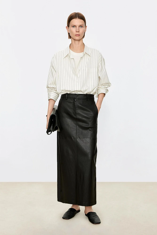 Stretch Lambskin Elastic Waist Midi Skirt