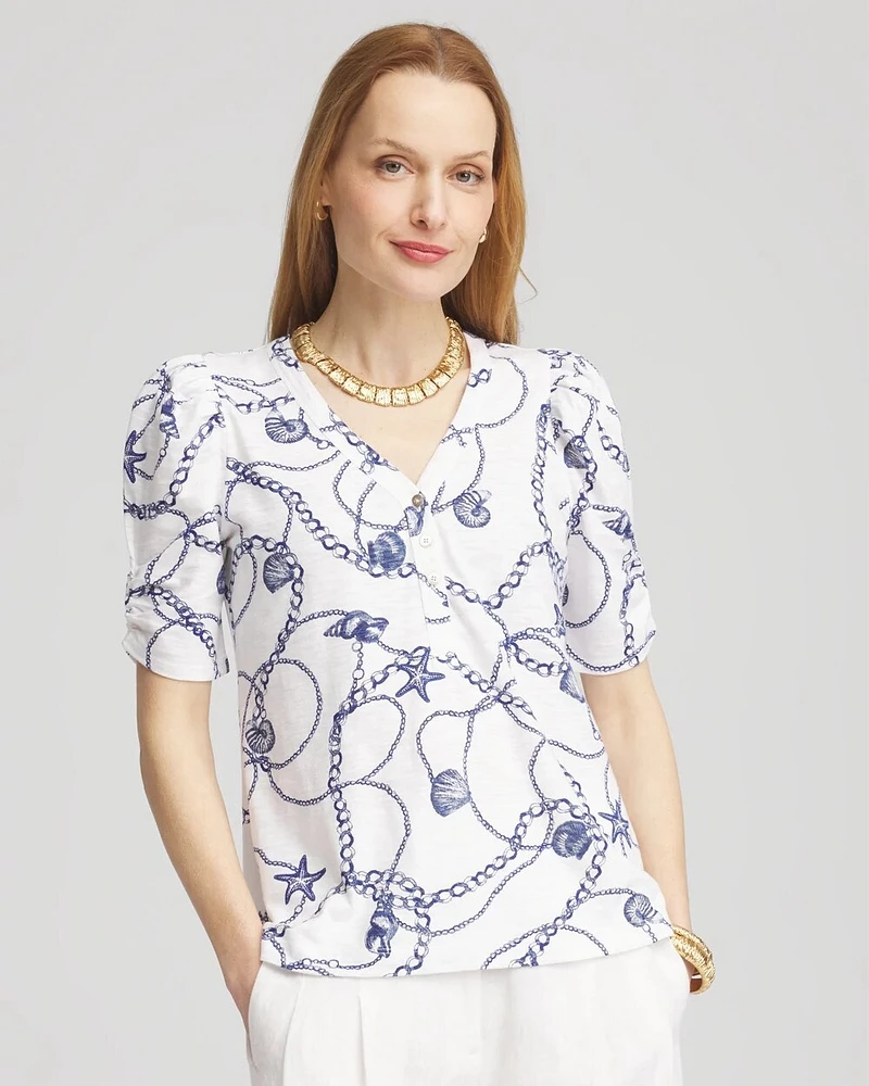 Seashell Slub Shirred-Sleeve Henley Tee