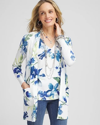 Long Floral Open-Front Cardigan