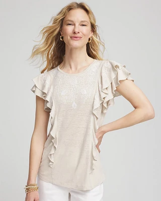 Embroidered Flutter-Sleeve Tee