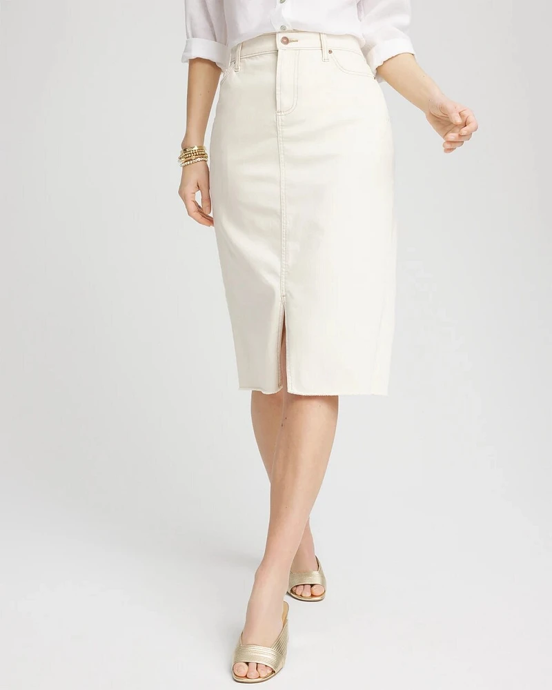 Frayed High-Rise Midi Stretch Denim Skirt
