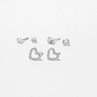 Silver-tone Cubic Zirconia Heart & Stud Earrings - 3 Pack