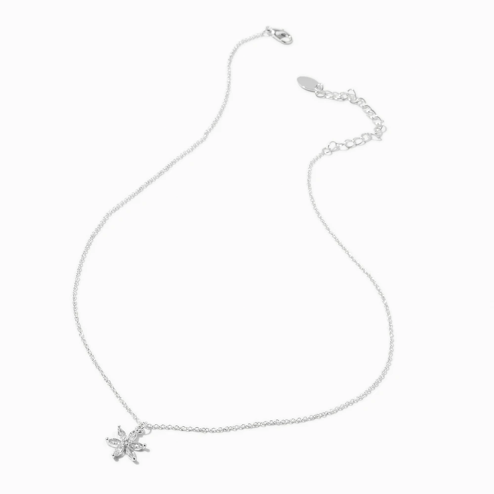 Silver-tone Cubic Zirconia Flower Pendant Necklace 