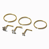 20G Gold-tone Stainless Steel Crystal Daisy & Square Nose Studs & Rings - 6 Pack